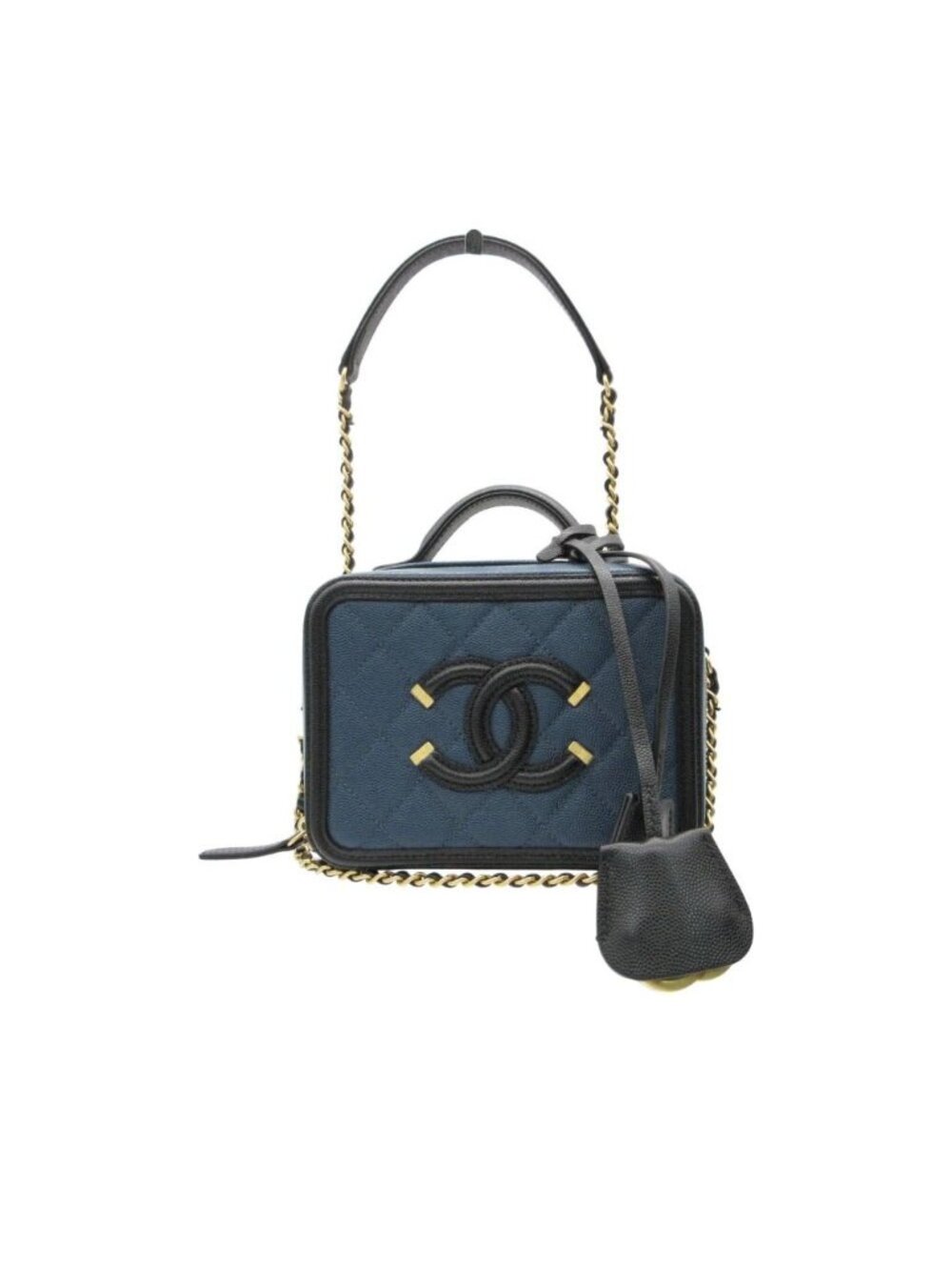 Chanel Shoulder Bag CC Filigree Small Vanity 2-Way Chain Caviar Leather Navy